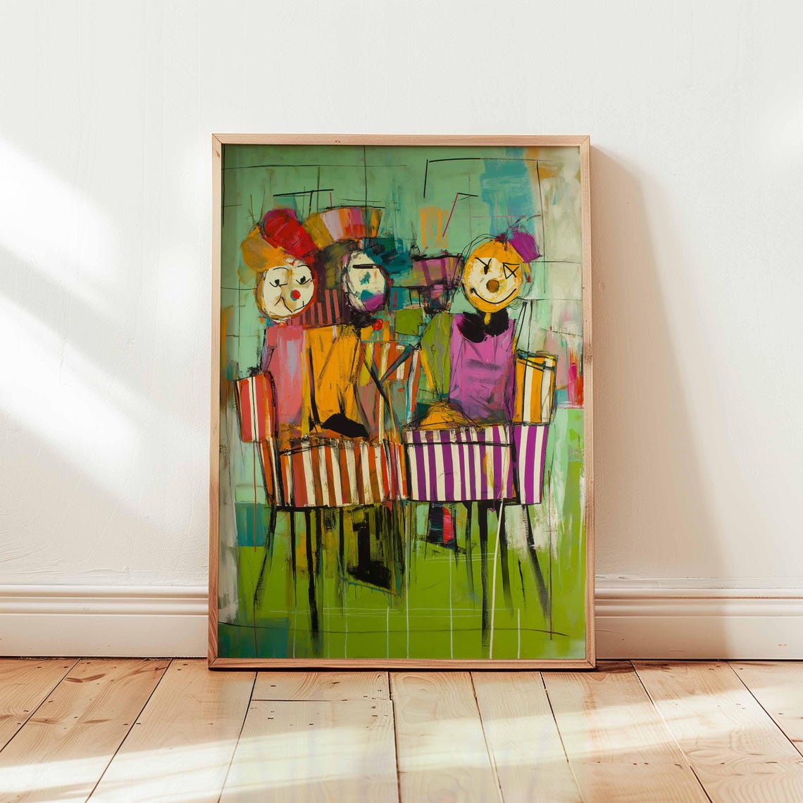 Whimsical Clown Trio Abstract Colorful Expressionist Art Poster