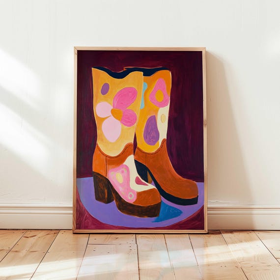 Retro Cowboy Boots Print Western Wall Art Colorful Vintage Country Decor Boho Cowgirl Poster Whimsical Rodeo
