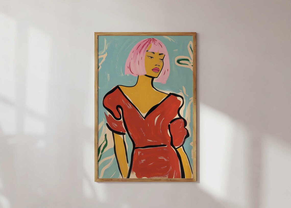 Bold Pink Bob Pop Art Portrait Woman Red Dress Maximalist Poster