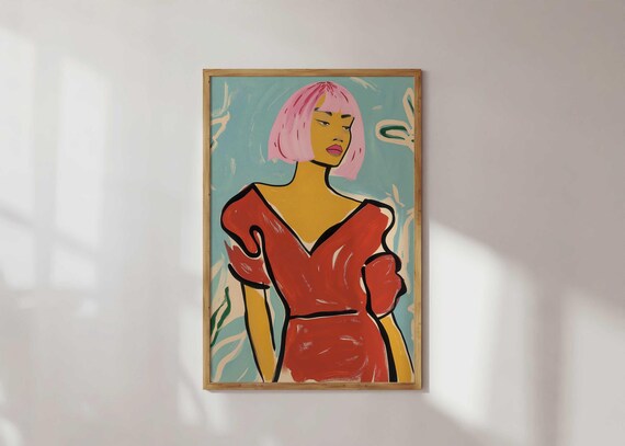 Bold Feminine Pop Art Portrait Pink Hair Fashion Illustration Modern Maximalist Wall For Vibrant Home Decor Colorful