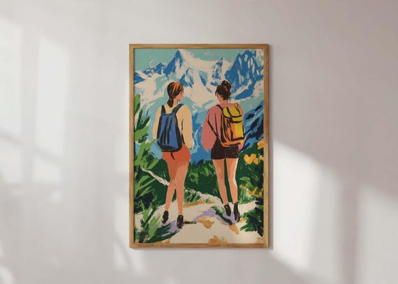 Mountain Escape Girl Friendship Wall Art Trendy Hiking Poster Boho Travel Decor Modern Cabin Colorful