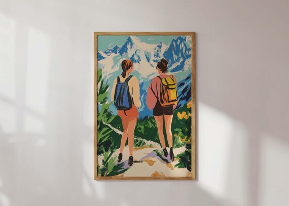 Two Women Hikers With Backpacks Before Alpine Peaks Illustrated Poster