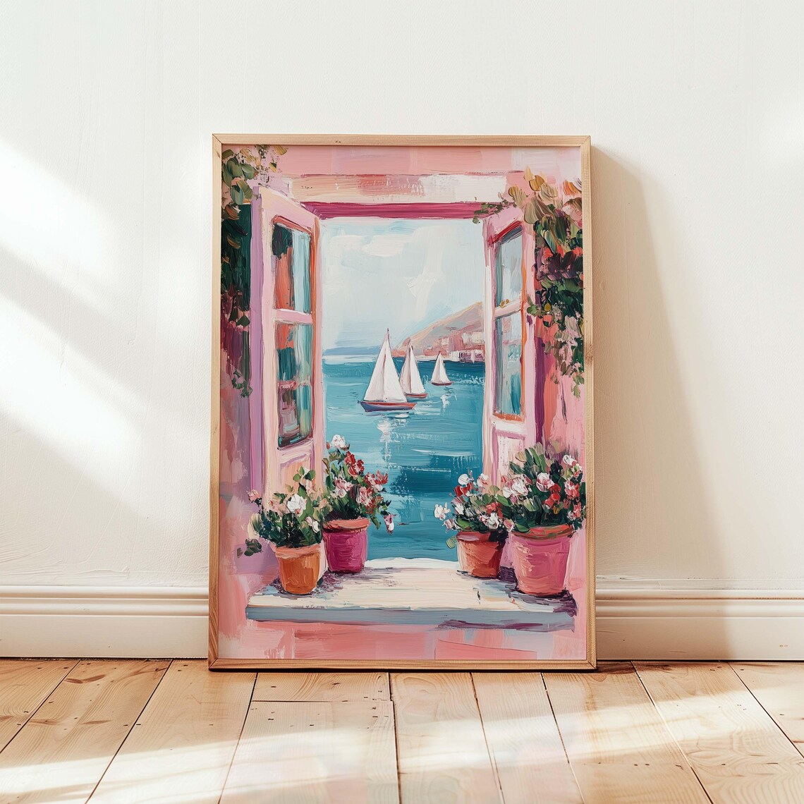 Pink Window View of Sailboats on the Blue Sea Painting Poster