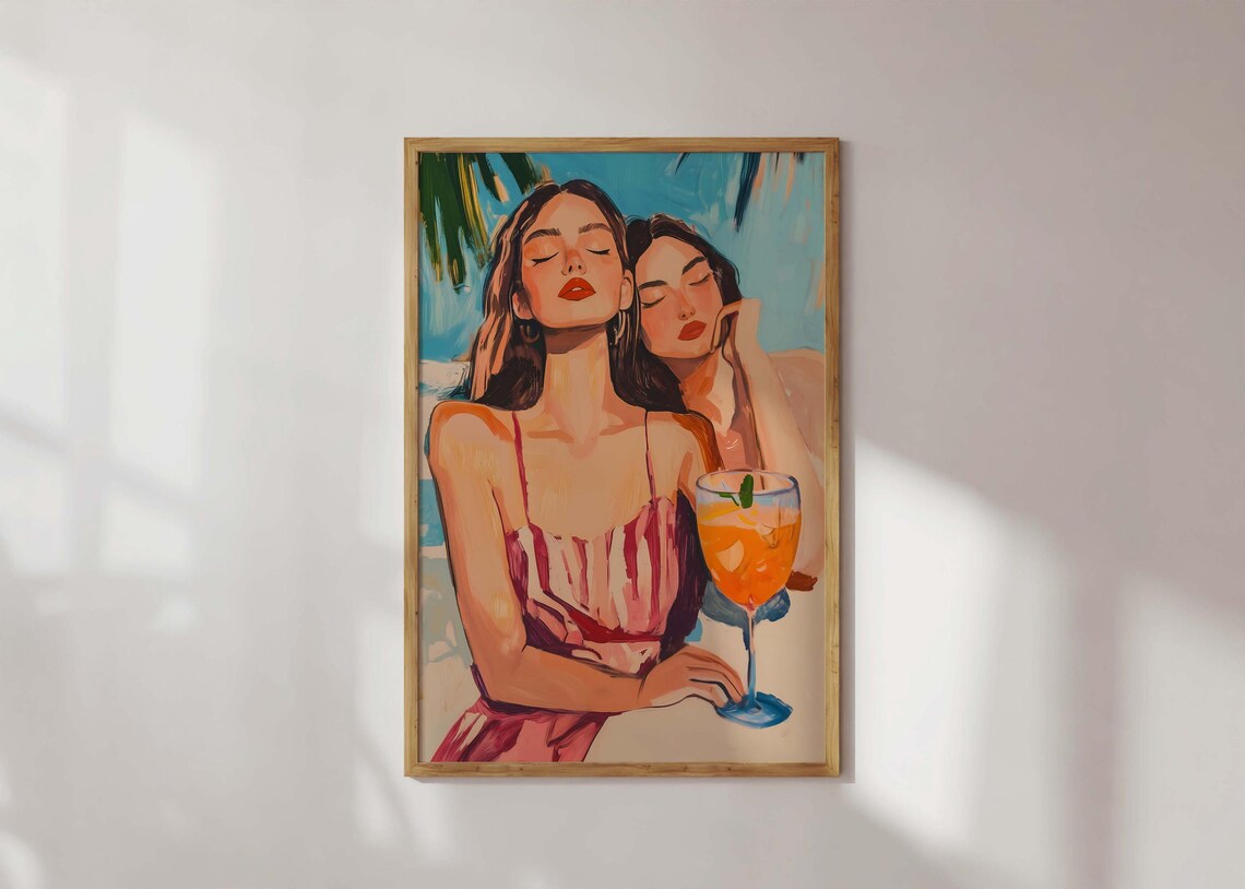 Two Women Summer Cocktails Colorful Fashion Illustration Poster