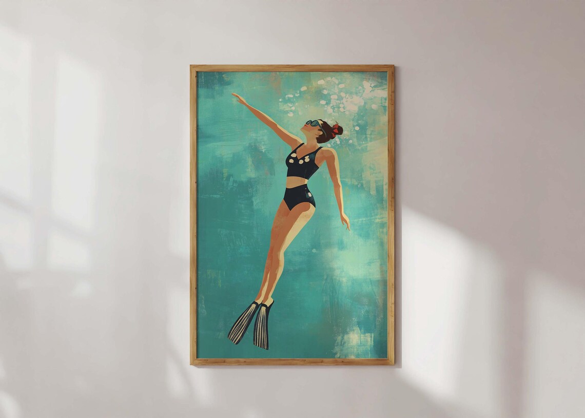 Retro Diver Woman In Black Swimsuit Vintage Underwater Ocean Art Poster