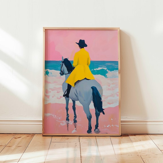 Cowgirl Beach Ride Bold Western Horse Art Equestrian Coastal Print Pink Blue Cowboy Wall Decor Modern Painting Horseback Riding