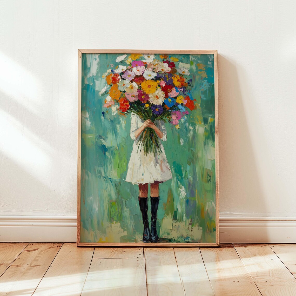 Girl With Flowers, Colorful Floral Bouquet Print