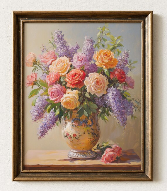 Roses And Lilacs Oil Painting Vintage Style Floral Art Print 844