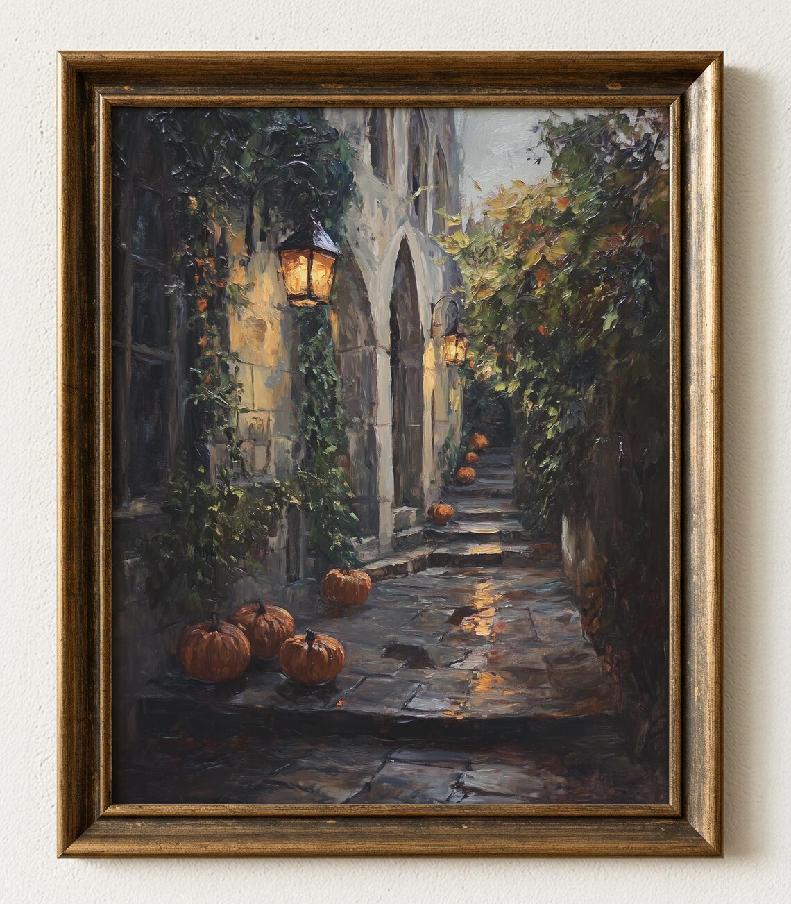 Gothic Cathedral Courtyard Print Moody Autumn Dusk Oil Painting 688