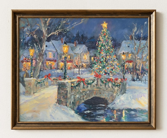 Snowy Christmas Village Bridge Tree Garland Winter Night Poster
