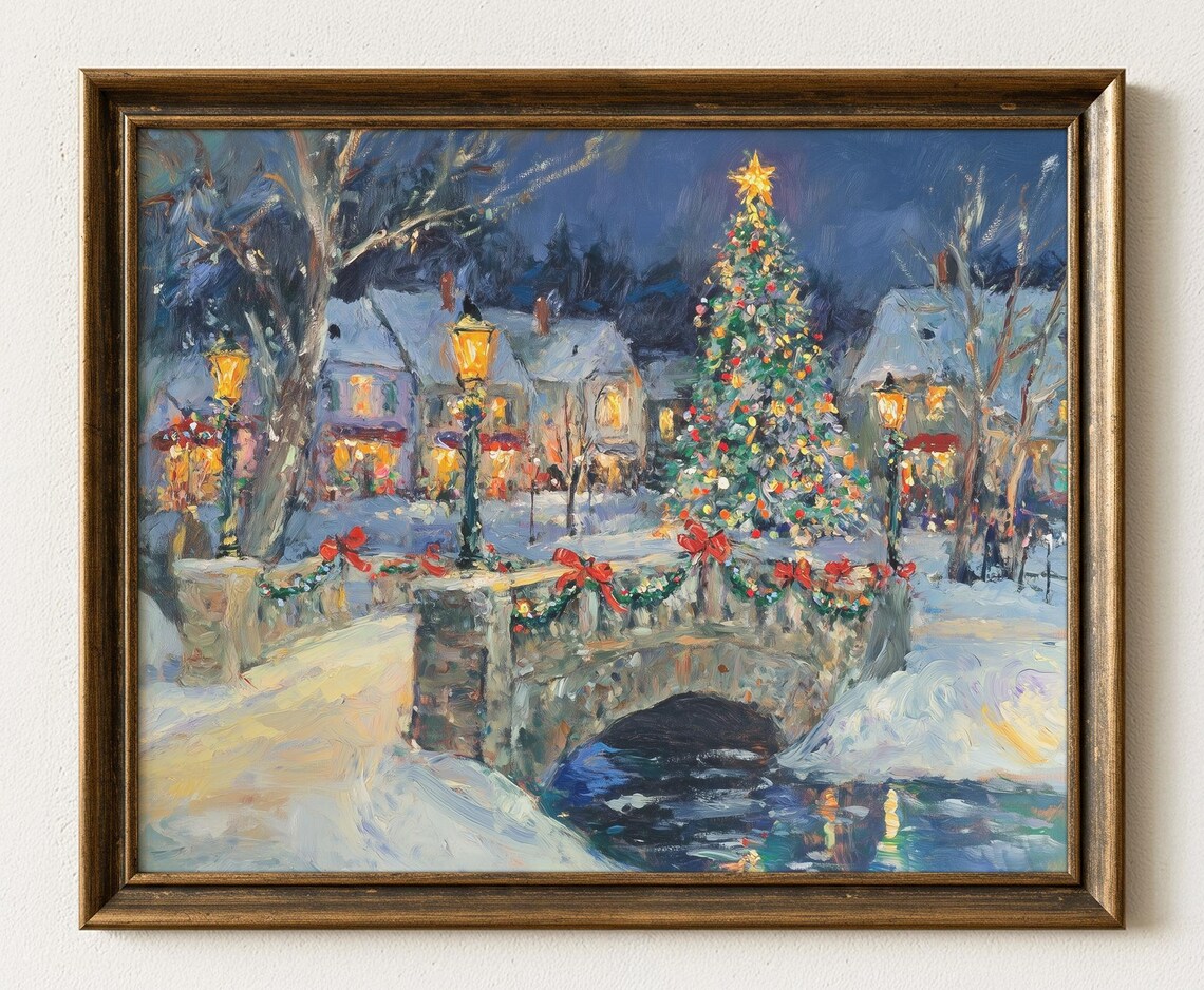 Winter Village Christmas Art Print Snowy Cottage Landscape 629