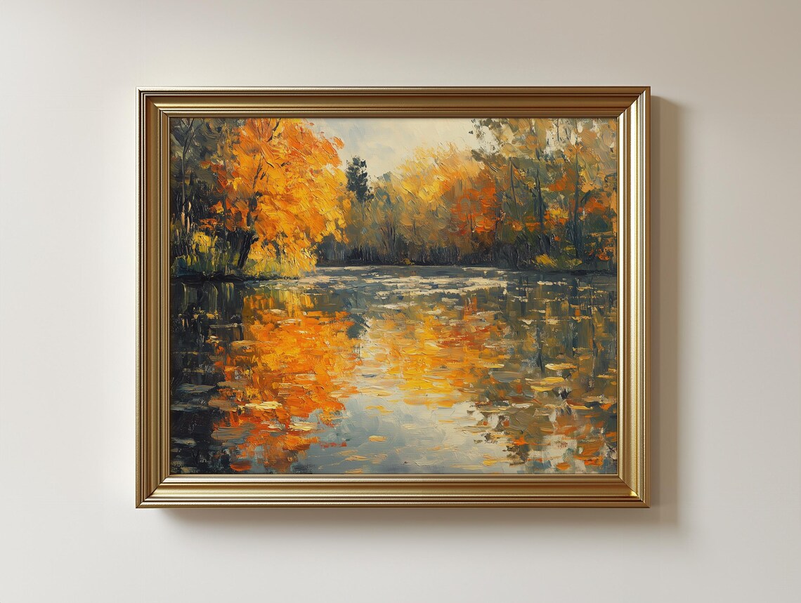 Autumn Lake Reflection Art Print, Rustic Fall Landscape