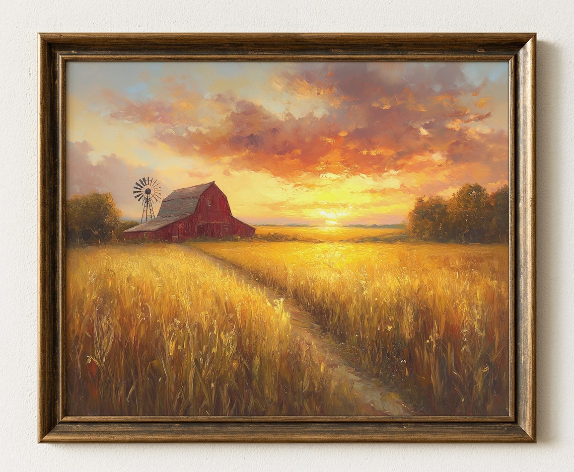 Rustic Gold Sunset Over Midwest Farm, Art Print