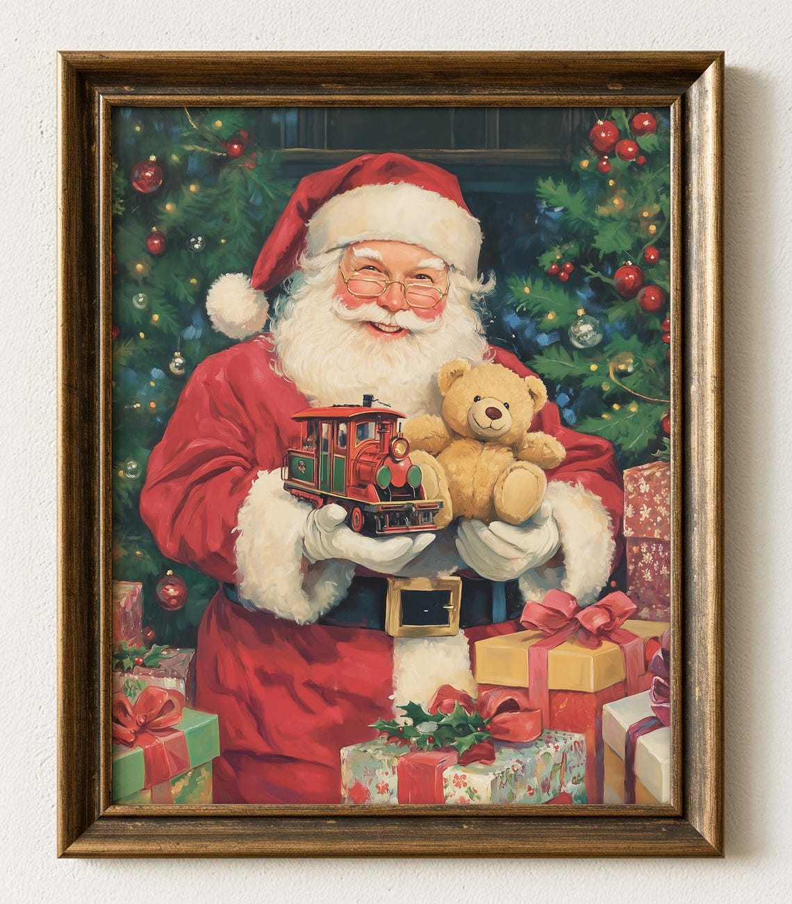 Vintage Santa Claus With Teddy Bear And Toy Train Christmas Poster