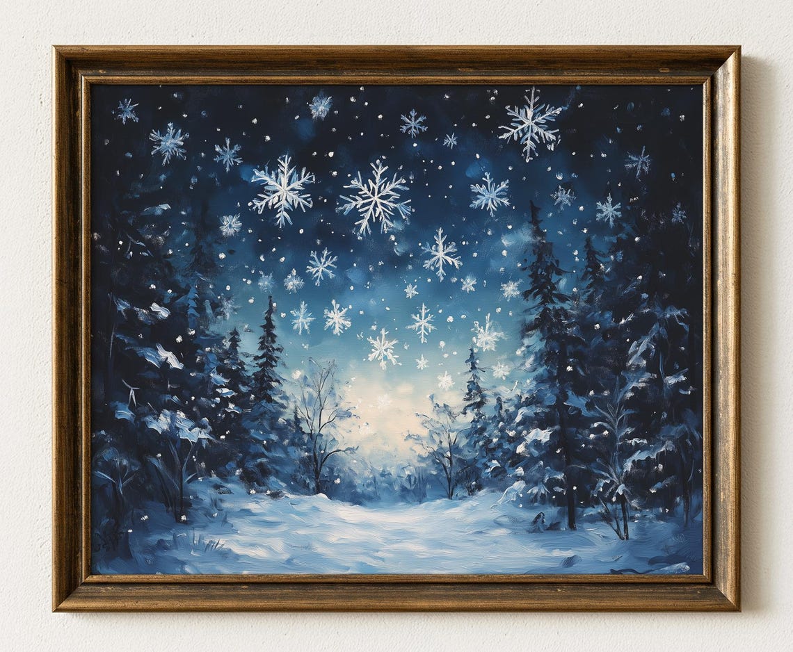 Moonlit Winter Forest with Snowflakes and Stars Night Art Poster