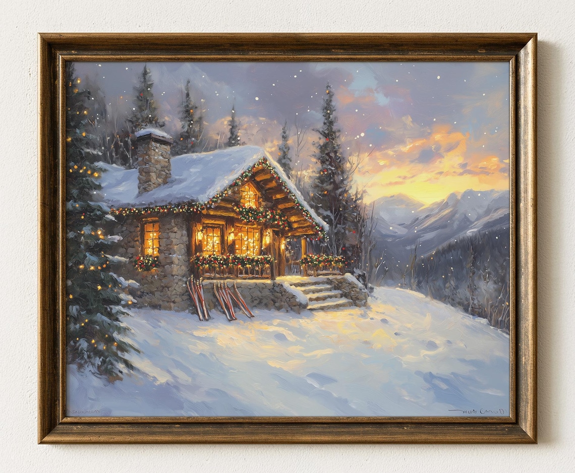 Winter Ski Lodge Mountain Scene, Vintage Cabin Poster