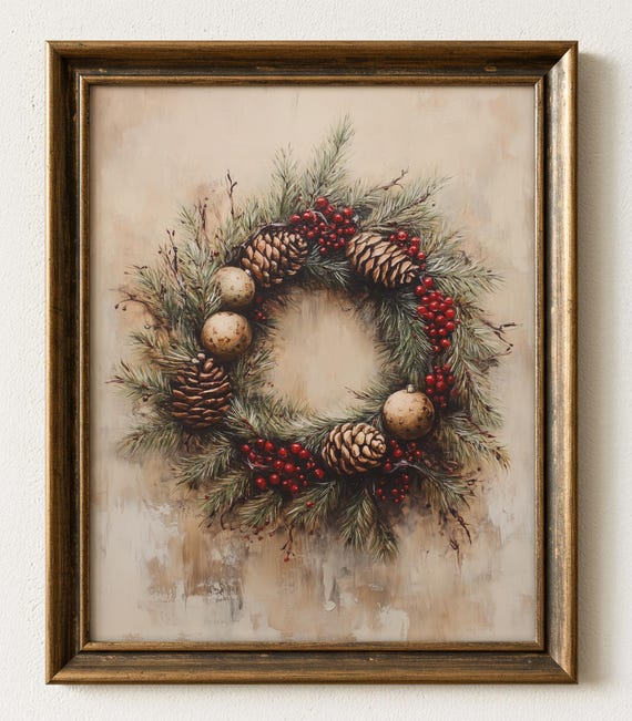 Rustic Christmas Wreath Art Festive Evergreen And Pinecones Vintage Farmhouse Decor With Red Berries Wall 1075