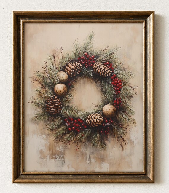 Rustic Christmas Wreath Evergreen Pinecones Red Berries Gold Art Print