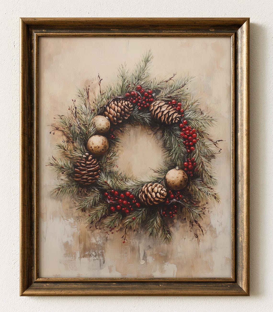 Rustic Christmas Wreath Art Festive Evergreen And Pinecones Vintage Farmhouse Decor With Red Berries Wall 1075