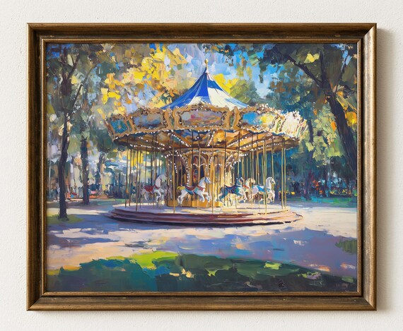 Vintage Carousel In Sunlit Park Impressionist Painting Blue And Gold Canopy Serene Wall Art Cottage Style Print 1024