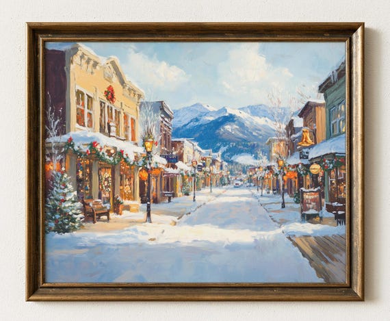 Winter Main Street Scene Rustic Christmas Village Art 858