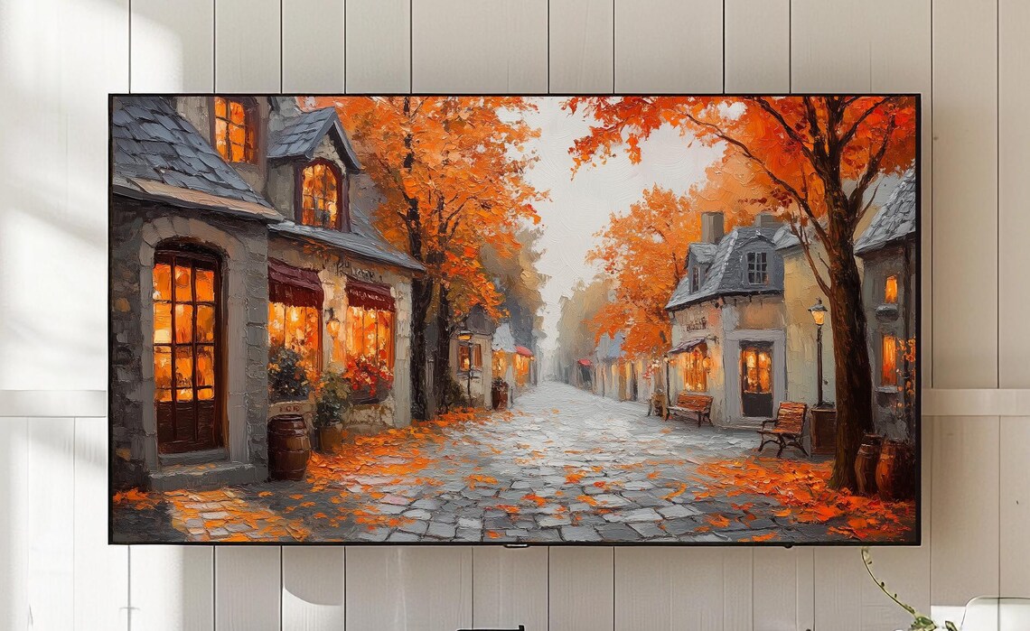 Autumn Village Street, Cozy Cottage Scene Art Print