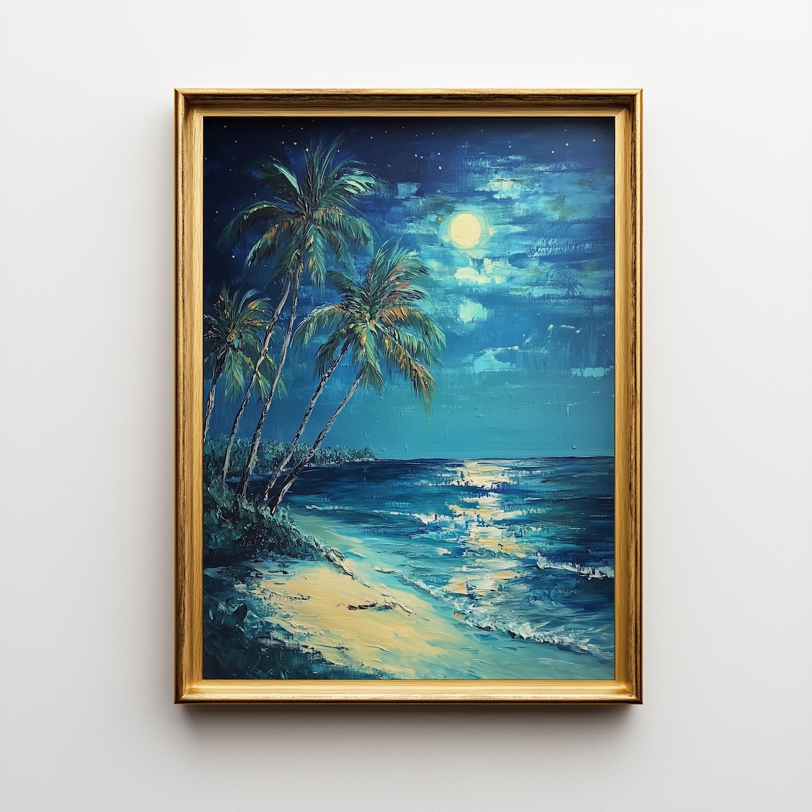 Moonlit Tropical Beach Palm Trees Starry Night Ocean Romantic Art Poster