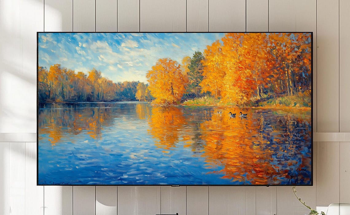 Autumn Lake Golden Trees Duck Reflections Fall Foliage Painting Poster