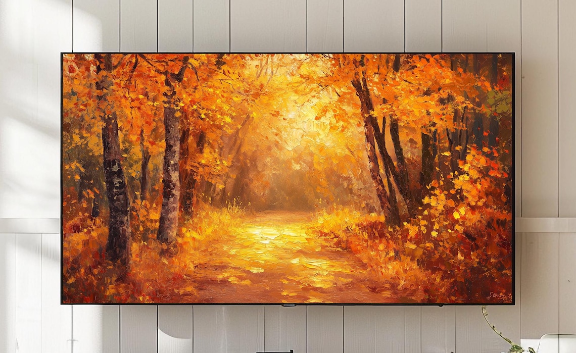 Autumn Forest Path, Golden Maple Leaves Art Print