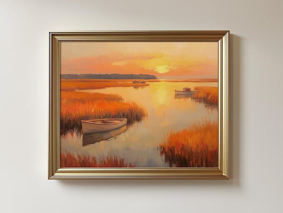 Chesapeake Bay Sunrise Marsh Golden Wetland Boats Art Poster