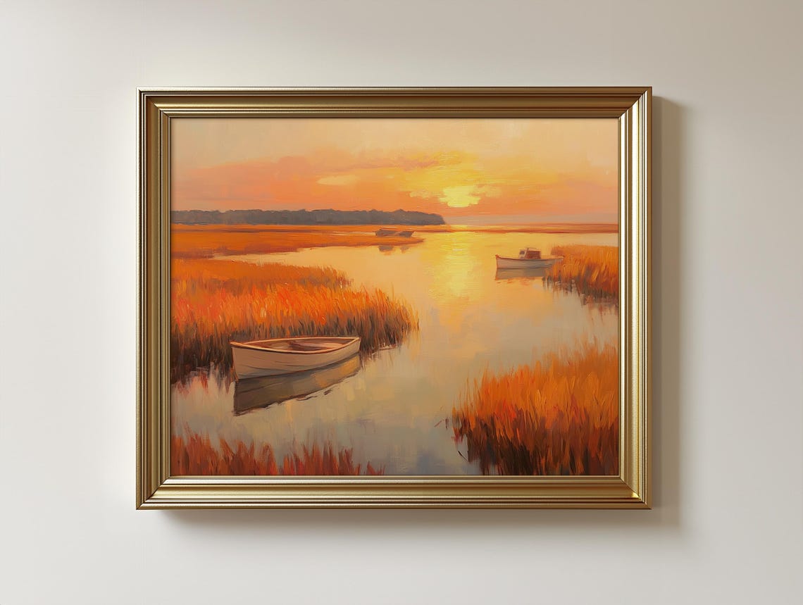 Chesapeake Bay Sunrise Marsh Golden Wetland Boats Art Poster