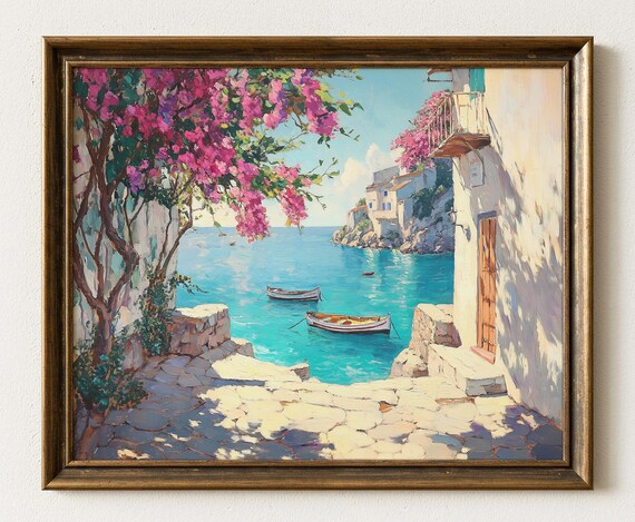 Mediterranean Coastal Village Bougainvillea Sea Art Travel Poster