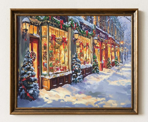 Vintage Christmas Storefront Painting Snowy Winter Street Scene Wall Art 637