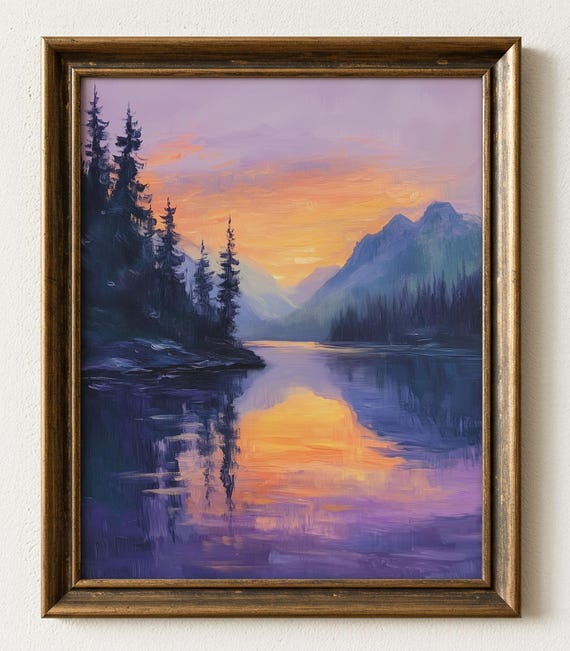 Mountain Lake Sunset Oil Painting Rustic Nature Landscape Art 585