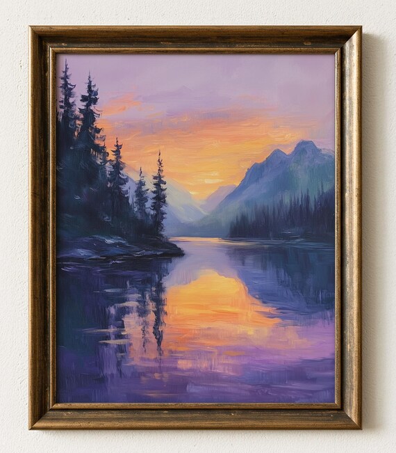 Purple Sunset Mountain Lake Pines Reflection Oil Painting Poster