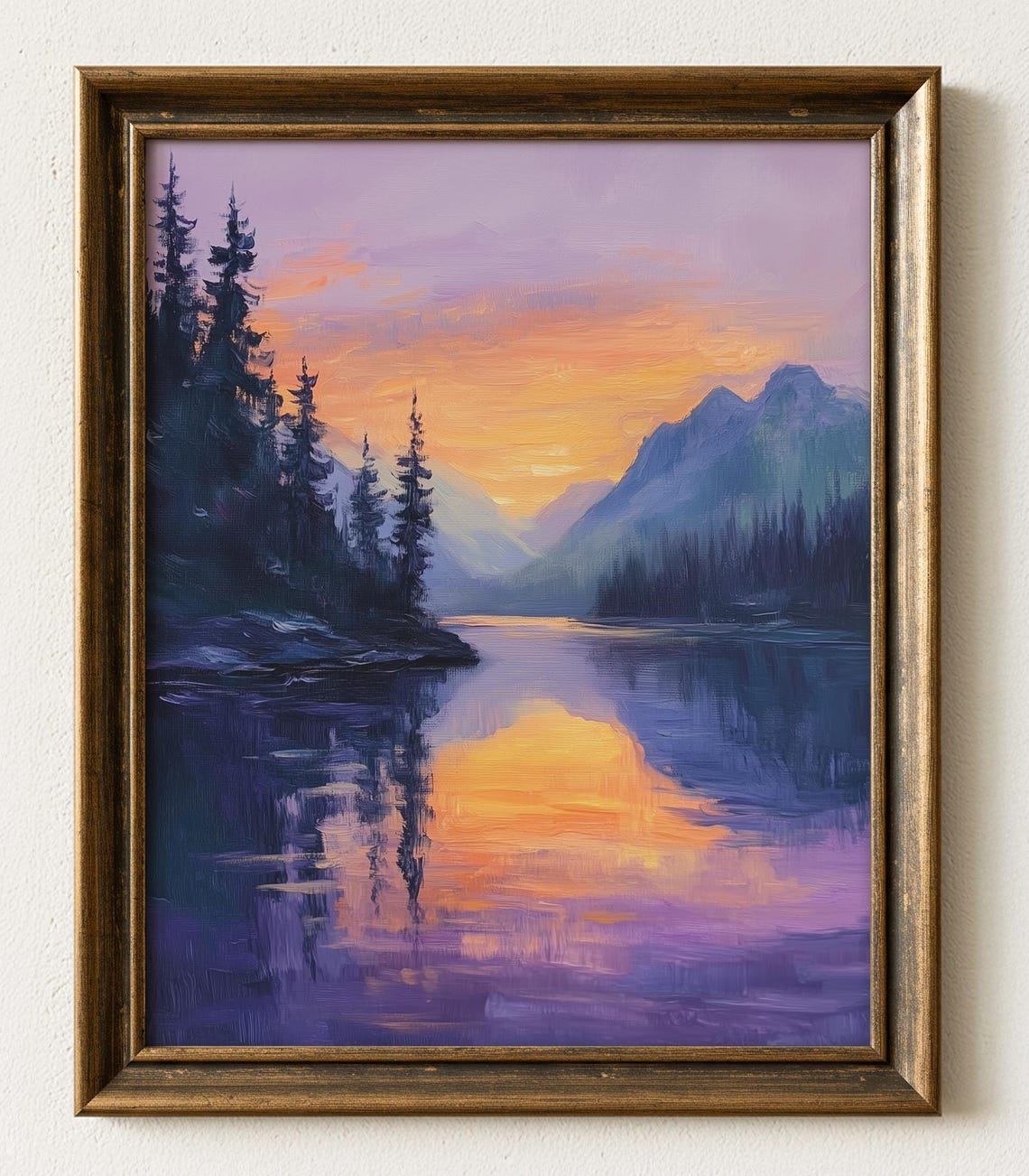 Purple Sunset Mountain Lake Pines Reflection Oil Painting Poster