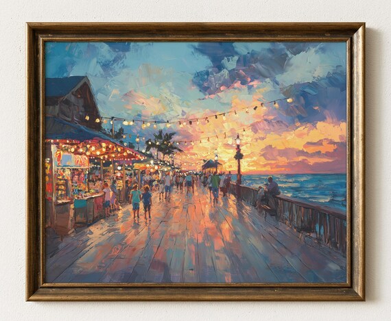 Florida Beach Boardwalk Sunset String Lights Pier Crowd Art Poster