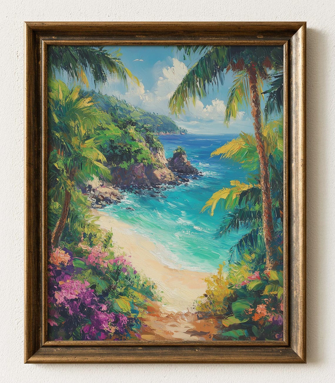 Tropical Beach Cove with Palm Trees Turquoise Sea Oil Painting Poster