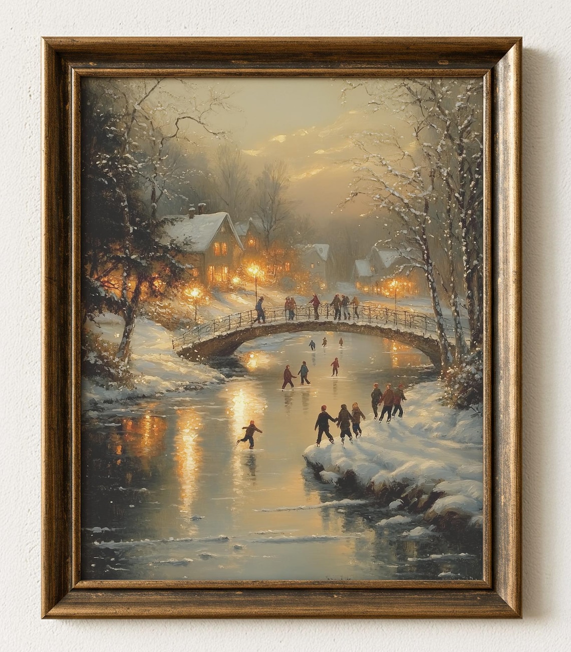Winter Ice Skating Pond, Rustic Cottage Scene Art Print