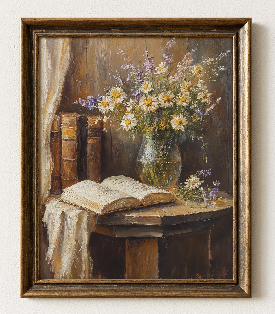Vintage Floral Still Life Art Print Rustic Book Vase 961