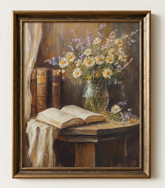 Vintage Floral Still Life Oil Painting Daisies Books Vase Art Print