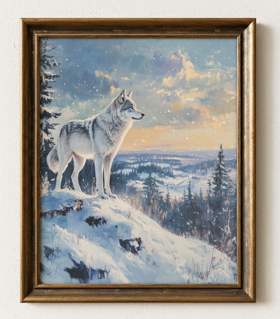 Majestic Wolf Winter Landscape Art Print Rustic Wilderness Decor 669