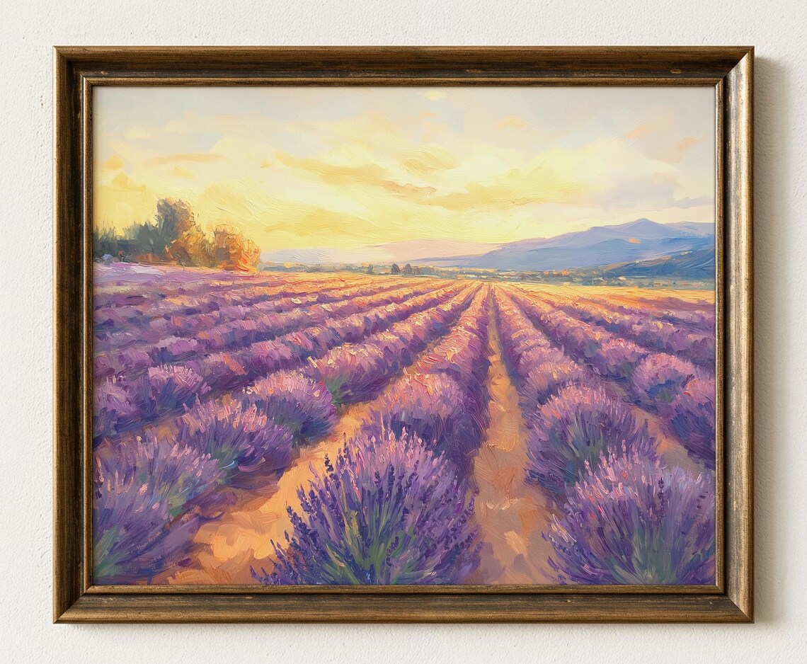 Lavender Field Sunrise Golden Light Countryside Art Serene Poster