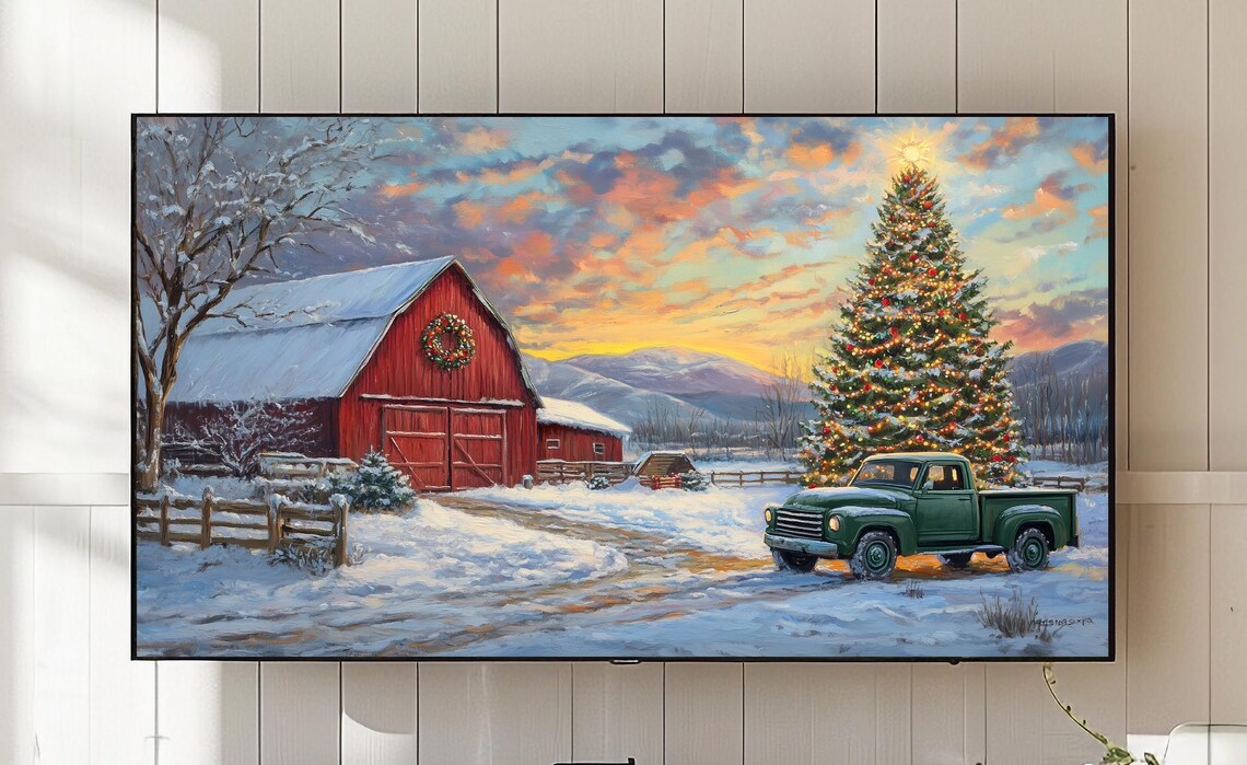 Christmas Farm Red Barn Vintage Pickup Truck Snowy Sunset Poster