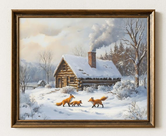 Winter Fox Family Cabin Oil Painting Cozy Wildlife Art Print 642
