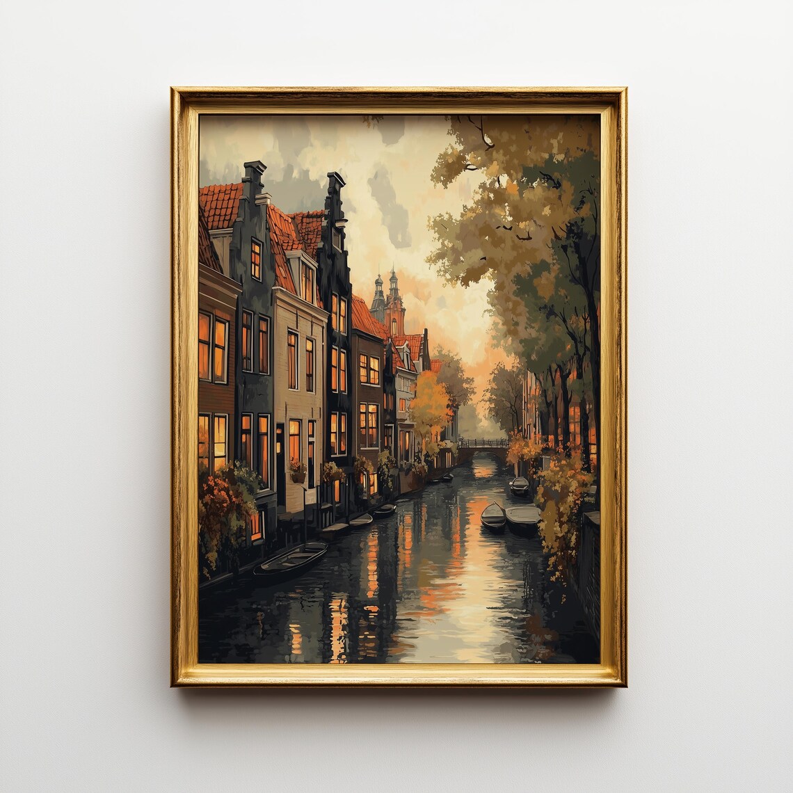 Vintage Amsterdam Canal Poster, Rustic Dutch Architecture