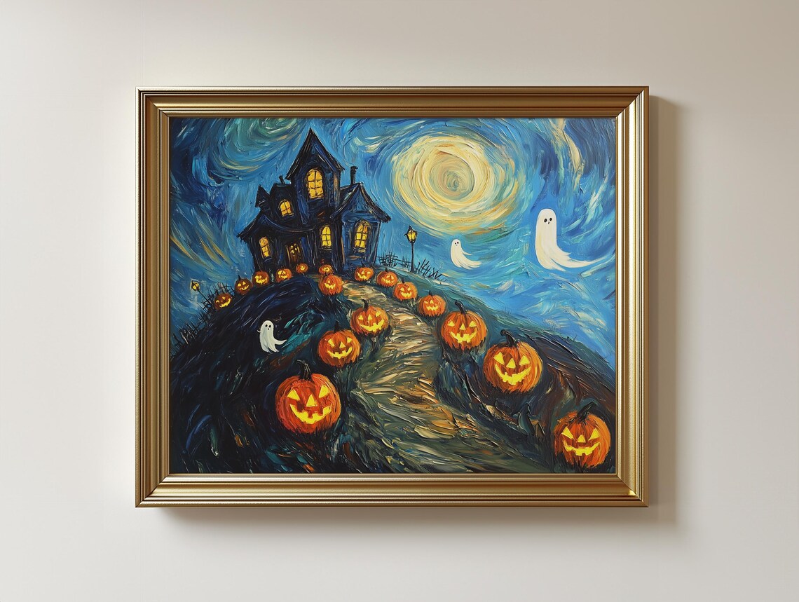 Haunted House Halloween Art Print, Spooky Night Landscape