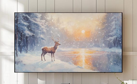 Winter Deer Scene Frame Tv Art Frozen Lake Landscape 798