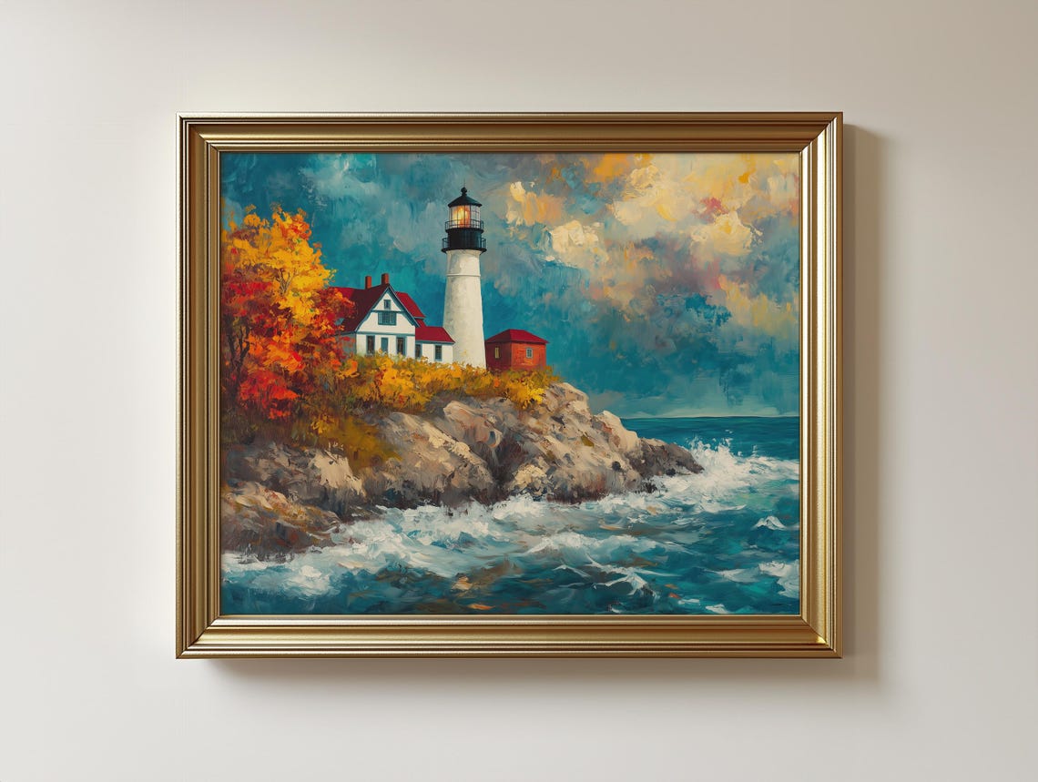 Lighthouse Rocky Coast Autumn Waves Nautical Seascape Blue Art Print