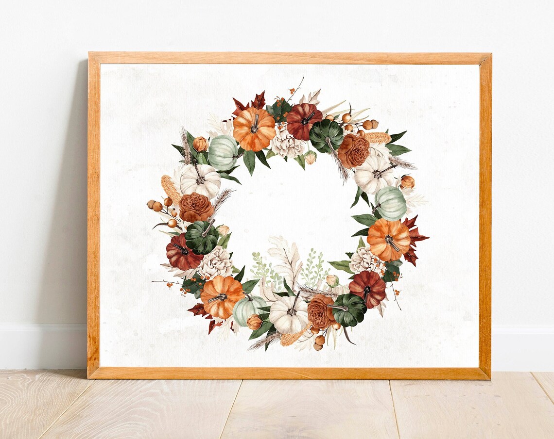 Autumn Pumpkin Wreath Watercolor Fall Harvest Botanical Front Door Poster